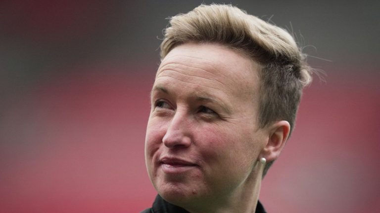 Canada's women's national soccer team head coach Bev Priestman leaves the field after team practice ahead of two friendly matches against Nigeria, in Vancouver, on Thursday, April 7, 2022. (Darryl Dyck/CP Photo)