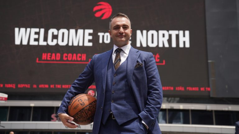 Toronto Raptors newly-appointed head coach Darko Rajakovic attends a media availability in Toronto on Tuesday, June 13, 2023. (CP)