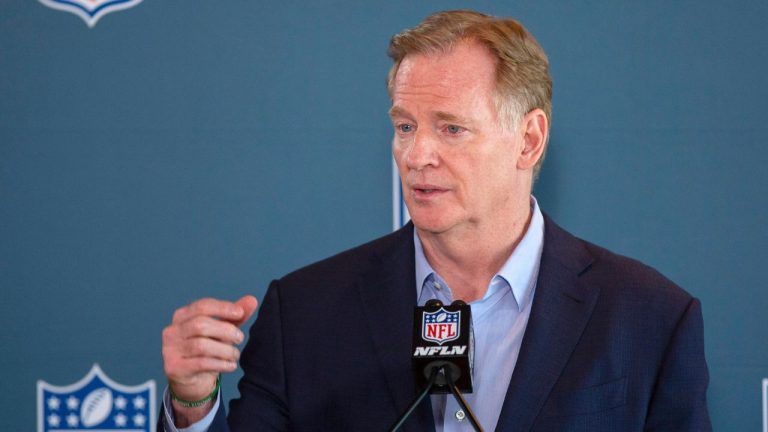 NFL Commissioner Roger Goodell addresses the media at the NFL Owners Meetings at the Omni Hotel, Tuesday, May 23, 2023 in Eagan, Minn. (Andy Clayton-King/AP Photo)