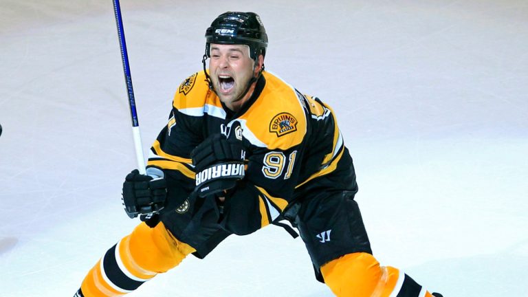 Boston Bruins center Marc Savard reacts after scoring the game-winning goal against the Philadelphia Flyers during overtime of Game 1 of a second-round NHL playoff hockey game in Boston, Saturday, May 1, 2010. The Bruins won 5-4. (Charles Krupa/AP)