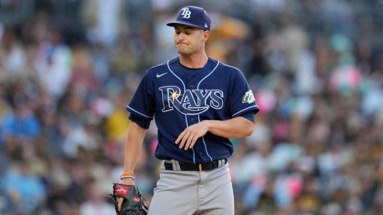 Tampa Bay Rays starting pitcher Shane McClanahan works against a San Diego Padres batter during the first inning of a baseball game Friday, June 16, 2023, in San Diego. (Gregory Bull/AP)