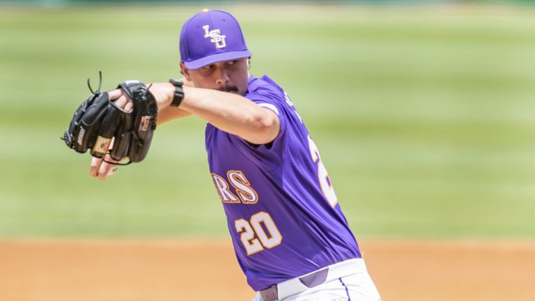 Starting pitcher Paul Skenes winds up on the mound against Tulane during an NCAA college baseball tournament regional game in Baton Rouge, La., Friday, June 2, 2023. (Scott Clause/The Daily Advertiser via AP)