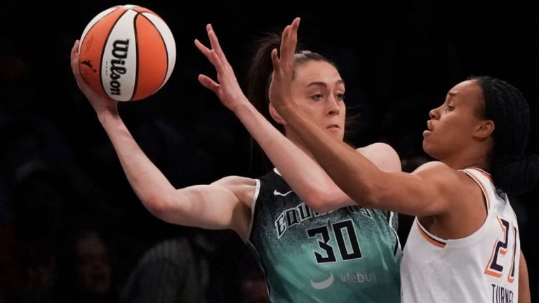 New York Liberty forward Breanna Stewart prepares to pass, during first quarter of WNBA basketball game against Phoenix Mercury, Sunday, June 18, 2023, in New York. (Bebeto Matthews/AP)