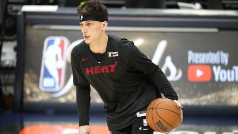 Miami Heat guard Tyler Herro takes part in practice for Game 2 of the NBA Finals, Saturday, June 3, 2023, in Denver. (David Zalubowski/AP)