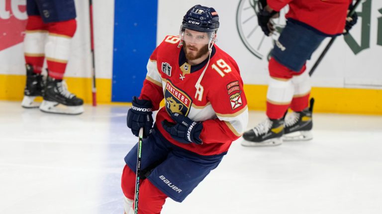 Florida Panthers left wing Matthew Tkachuk (19) warms up before first period in Game 4 of the NHL hockey Stanley Cup Finals against the Vegas Golden Knights, Saturday, June 10, 2023, in Sunrise, Fla. (Wilfredo Lee/AP)