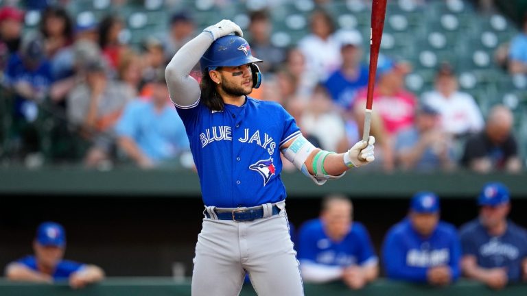 Toronto Blue Jays' Bo Bichette during an at bat during the first inning of a baseball game between the Baltimore Orioles and the Toronto Blue Jays, Wednesday, June 14, 2023, in Baltimore. The Blue Jays won 3-1. (Julio Cortez/AP)