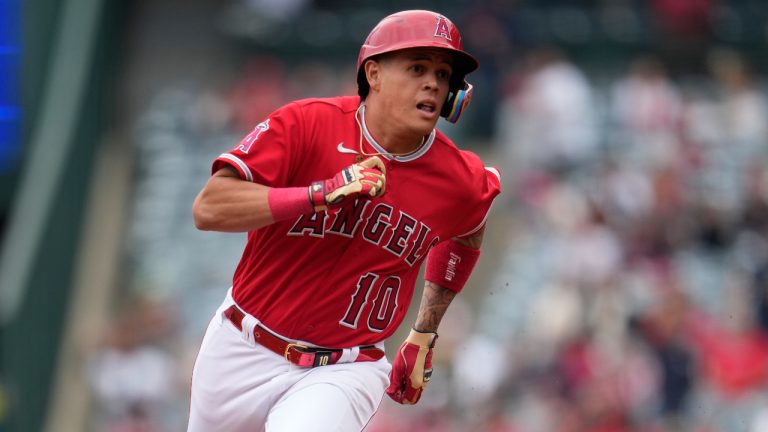 Los Angeles Angels' Gio Urshela runs to third base during a baseball game against the Miami Marlins Sunday, May 28, 2023, in Anaheim, Calif. (Marcio Jose Sanchez/AP)