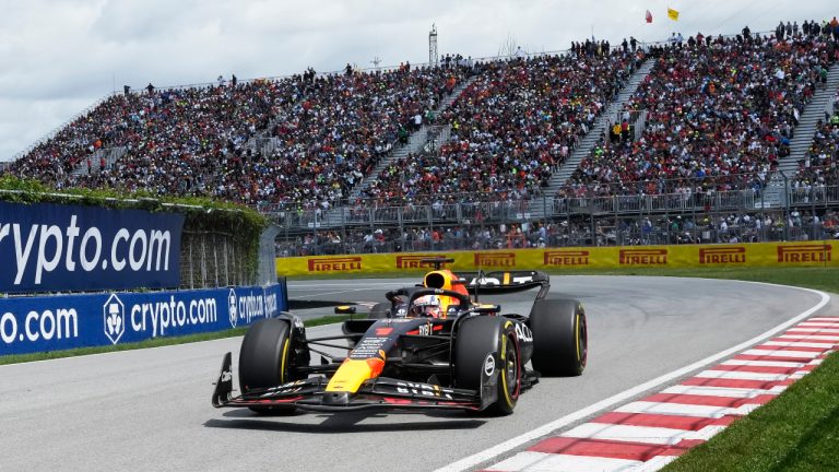 Red Bull Racing Max Verstappen, of the Netherlands, makes his way through the Senna corner during Formula One auto racing action at the Canadian Grand Prix in Montreal, Sunday, June 18, 2023. (CP)