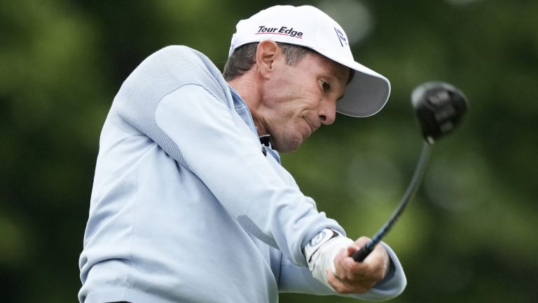 Mike Weir of Canada tees off on the tenth hole during first round at the Canadian Open golf championship in Toronto on Thursday, June 8, 2023. (Nathan Denette/CP)