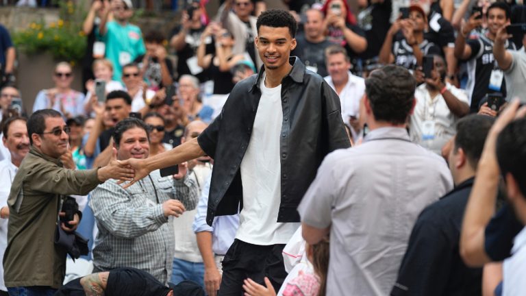 San Antonio Spurs NBA basketball draft pick Victor Wembanyama arrives at a meet the rookies event in San Antonio, Saturday, June 24, 2023. (Eric Gay/AP)