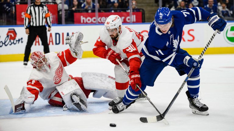 Toronto Maple Leafs centre Adam Gaudette (71) attempts to score. (Christopher Katsarov/THE CANADIAN PRESS)