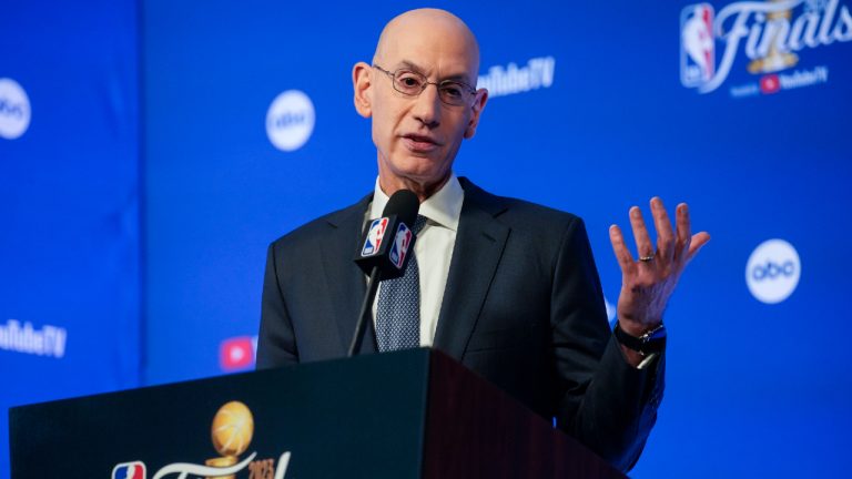 NBA Commissioner Adam Silver speaks to reporters before Game 1 of basketball's NBA Finals between the Denver Nuggets and the Miami Heat, Thursday, June 1, 2023, in Denver. (David Zalubowski/AP)