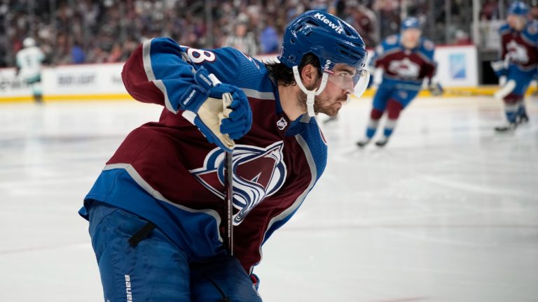 Former Colorado Avalanche center Alex Newhook (18) in the second period of Game 7 of an NHL first-round playoff series Sunday, April 30, 2023, in Denver. (David Zalubowski/AP)