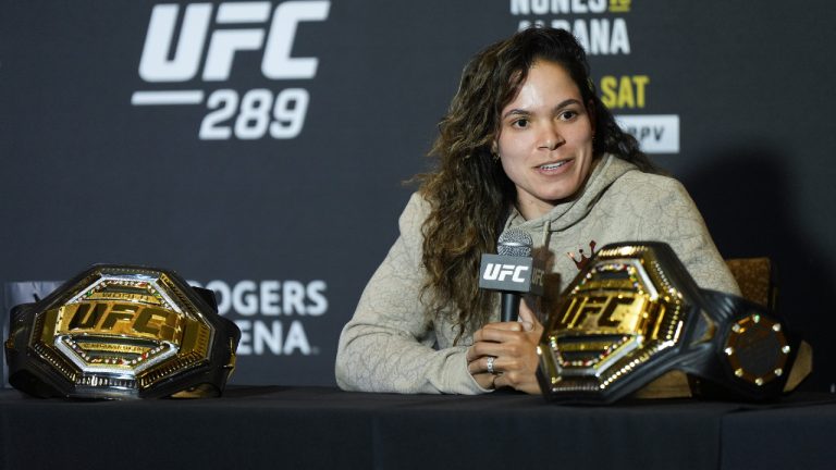 Amanda Nunes responds to questions during a news conference ahead of her fight against Irene Aldana at UFC 289, in Vancouver, on Wednesday, June 7, 2023. (Darryl Dyck/CP)