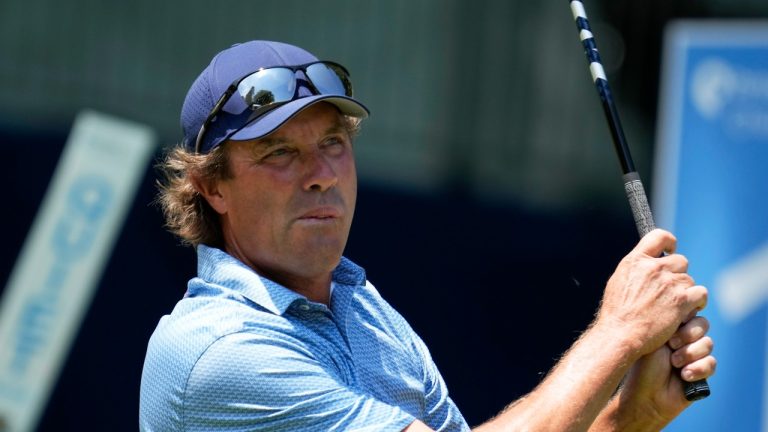 Stephen Ames watches his shot off the 10th tee during the final round of the Champions Tour Principal Charity Classic golf tournament, Sunday, June 4, 2023, in Des Moines, Iowa. (Charlie Neibergall/AP)