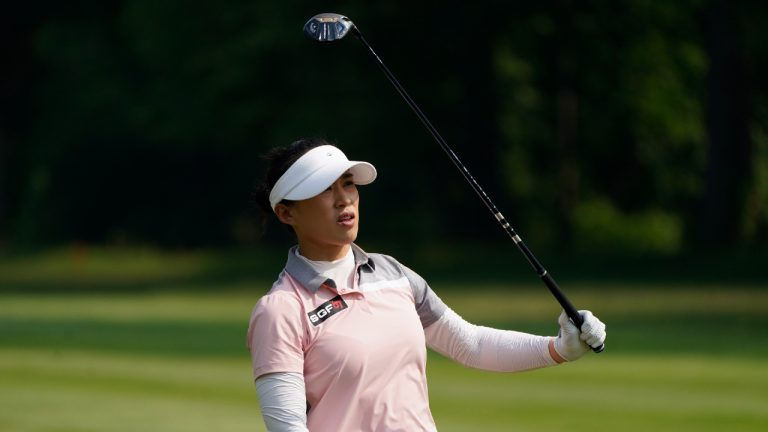 Amy Yang of Korea watches her approach shot onto the 14th green during the third round of the Meijer LPGA Classic golf tournament at Blythefield Country Club, Saturday, June 17, 2023, in Belmont, Mich. (Carlos Osorio/AP)