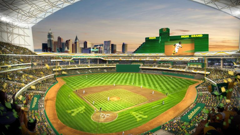 This rendering provided by the Oakland Athletics, Friday, May 26, 2023, shows a view of their proposed new ballpark at the Tropicana site in Las Vegas. (Courtesy of Oakland Athletics via AP, File)