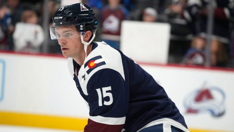 Colorado Avalanche winger Shane Bowers warms up before the team's NHL hockey game against the Nashville Predators on Thursday, Nov. 10, 2022, in Denver. (David Zalubowski/AP)