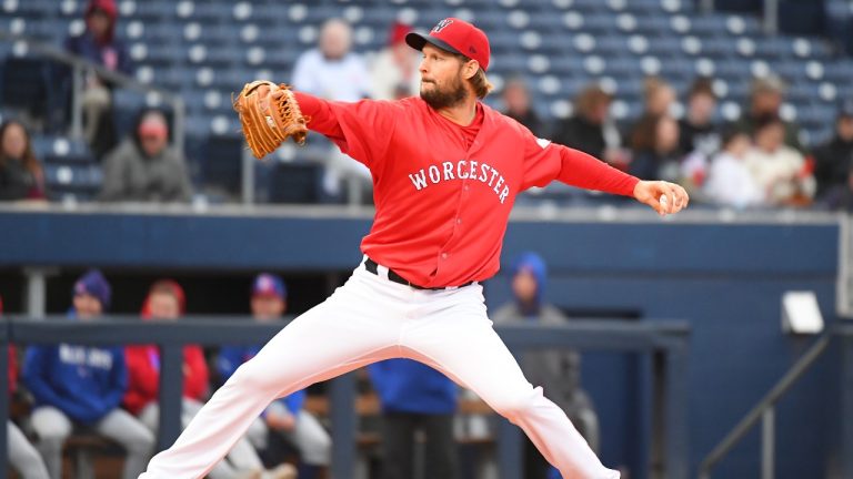 Worcester Red Sox LHP Matt Dermody (67) throws a pitch during game 2 of a AAA MiLB doubleheader between the Buffalo Bisons and the Worcester Red Sox on May 4, 2023, at Polar Park in Worcester, MA. (Erica Denhoff/Icon Sportswire via Getty Images)
