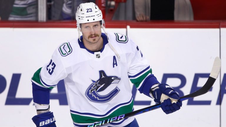 NHL profile photo on Vancouver Canucks player Oliver Ekman-Larsson, from Sweden, at a game against the Calgary Flames in Calgary, Alta., on Dec. 14, 2022. (Larry MacDougal/CP)