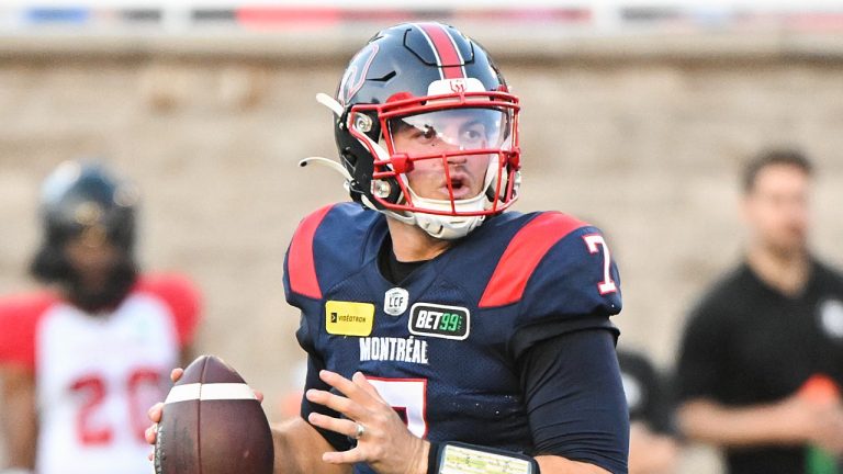 Montreal Alouettes quarterback Cody Fajardo looks to pass during first half CFL football action against the Ottawa Redblacks in Montreal, Saturday, June 10, 2023. (Graham Hughes/THE CANADIAN PRESS)