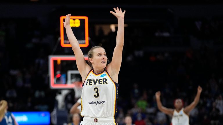 Indiana Fever guard Kristy Wallace (3) celebrates at the end of the team's 71-69 win over the Minnesota Lynx in a WNBA basketball game Friday, June 9, 2023, in Minneapolis. (Abbie Parr/AP Photo)