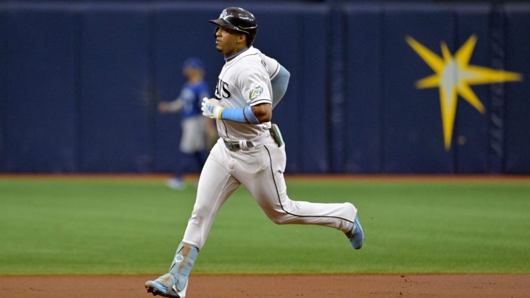 Tampa Bay Rays' Wander Franco circles the bases after hitting a solo home run off Kansas City Royals starter Jordan Lyles during the first inning of a baseball game Saturday, June 24, 2023, in St. Petersburg, Fla. (Steve Nesius/AP)