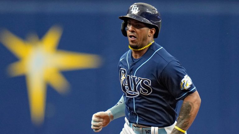 Tampa Bay Rays' Wander Franco goes into third base with a triple off Toronto Blue Jays starting pitcher Alek Manoah during the first inning of a baseball game Thursday, May 25, 2023, in St. Petersburg, Fla. (Chris O'Meara/AP)