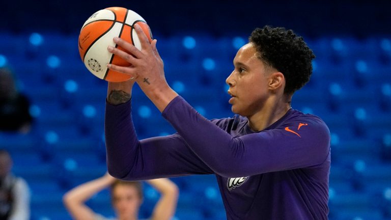 Phoenix Mercury's Brittney Griner prepares for the team's WNBA basketball game against the Dallas Wings, Wednesday, June 7, 2023, in Arlington, Texas. (Tony Gutierrez/AP)