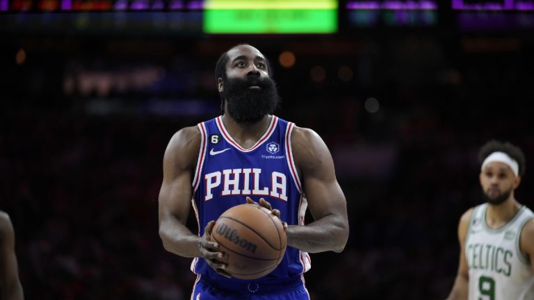 Philadelphia 76ers' James Harden plays during the second half of Game 6 of an NBA basketball playoffs Eastern Conference semifinal, Thursday, May 11, 2023, in Philadelphia. (Matt Slocum/AP)