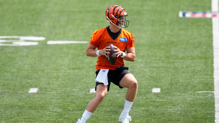 Cincinnati Bengals quarterback Joe Burrow looks to throw during practice at the team's NFL football training facility in Cincinnati, Tuesday, June 13, 2023. (Jeff Dean/AP)