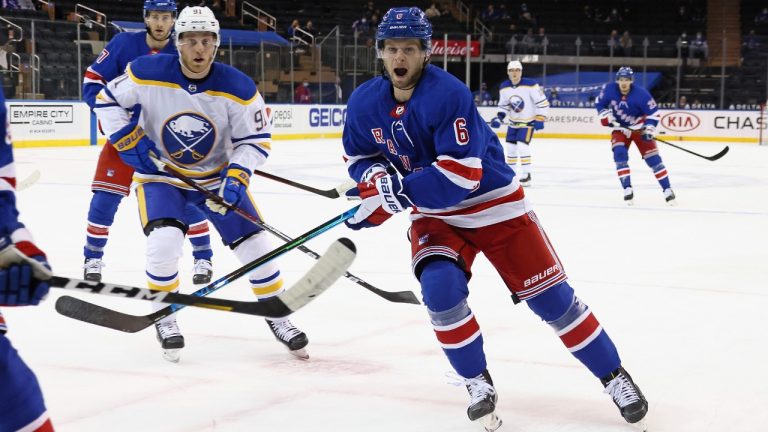 New York Rangers' Zac Jones (6) skates against the Buffalo Sabres during the first period of an NHL hockey game Tuesday, April 27, 2021, in New York. (Bruce Bennett/Pool Photo via AP)