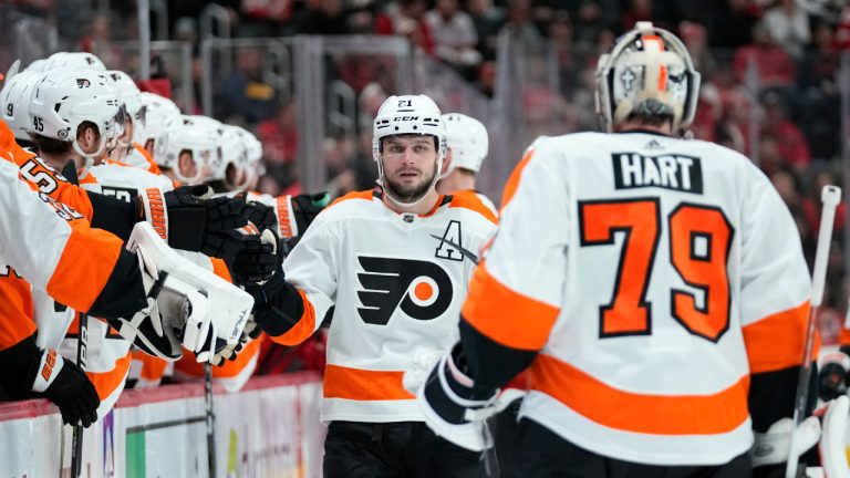 Philadelphia Flyers center Scott Laughton (21) celebrates his goal against the Detroit Red Wings in the third period of an NHL hockey game Saturday, Jan. 21, 2023, in Detroit. (Paul Sancya/AP)