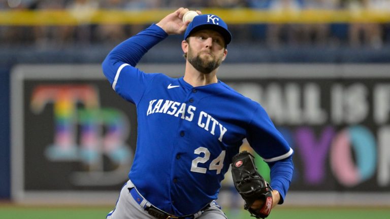 Kansas City Royals starter Jordan Lyles pitches against the Tampa Bay Rays during the first inning of a baseball game Saturday, June 24, 2023, in St. Petersburg, Fla. (Steve Nesius/AP)