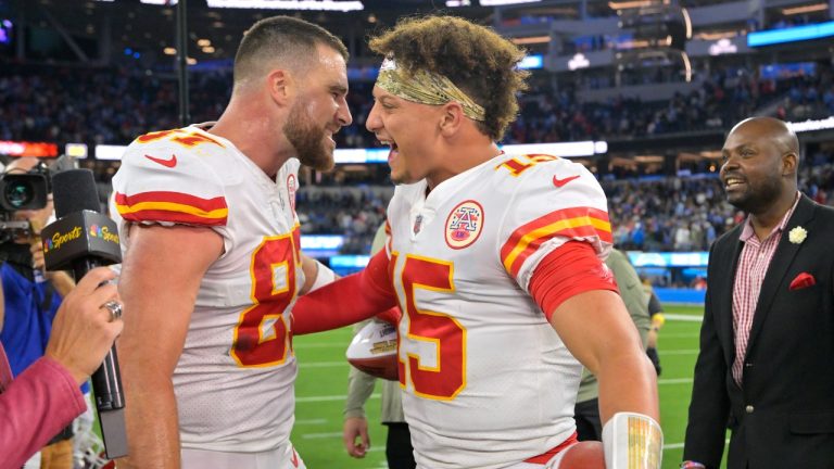 Kansas City Chiefs tight end Travis Kelce, left, and quarterback Patrick Mahomes celebrate after the Chiefs defeated the Los Angeles Chargers 30-27 in an NFL football game Sunday, Nov. 20, 2022, in Inglewood, Calif. (Jayne Kamin-Oncea/AP)