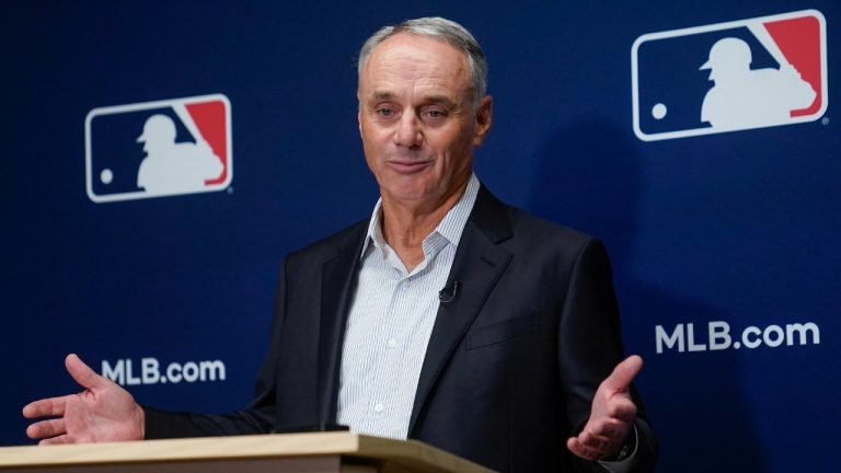 Major League Baseball Commissioner Rob Manfred speaks to members of the media following an owners' meeting, Thursday, June 15, 2023, at MLB headquarters in New York. (AP)