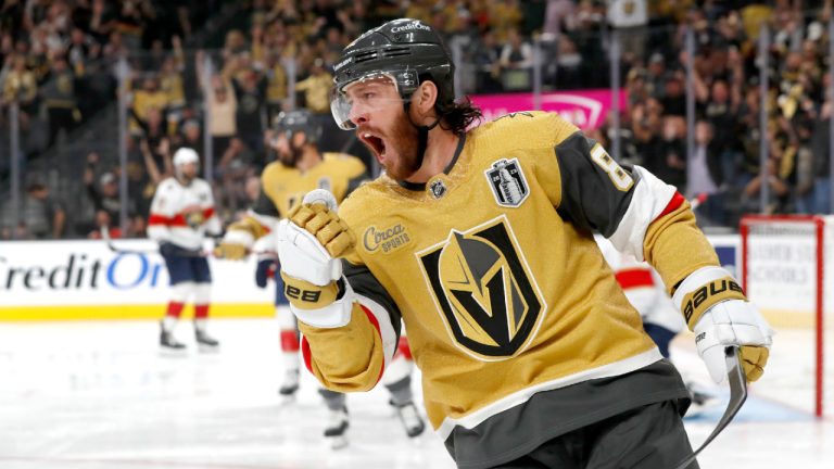 Vegas Golden Knights right wing Jonathan Marchessault (81) celebrates after scoring against the Florida Panthers during the third period of Game 2 of the NHL hockey Stanley Cup Finals, Monday, June 5, 2023, in Las Vegas. (Steve Marcus/Las Vegas Sun via AP)