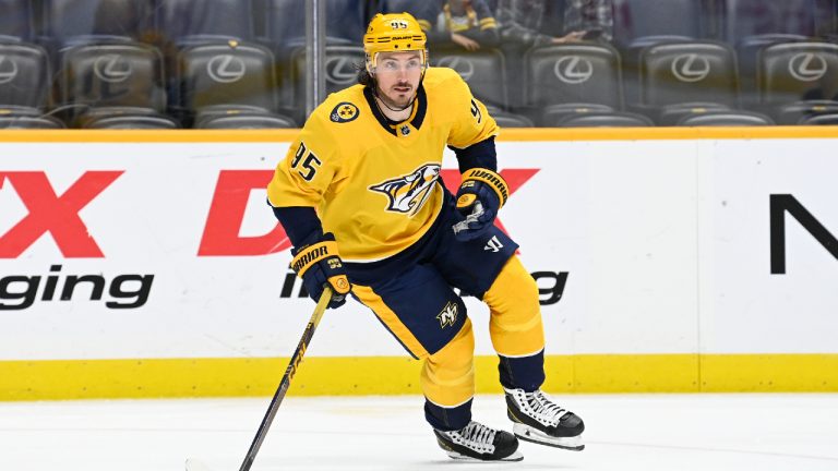 Nashville Predators center Matt Duchene (95) plays against the Vancouver Canucks during the first period of an NHL hockey game Tuesday, Feb. 21, 2023, in Nashville, Tenn. (Mark Zaleski/AP)