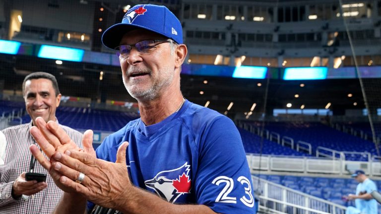 Toronto Blue Jays bench coach Don Mattingly (23) speaks with the news media before a baseball game against the Miami Marlins, Monday, June 19, 2023, in Miami. Mattingly was the former manager for the Marlins. (Lynne Sladky/AP)