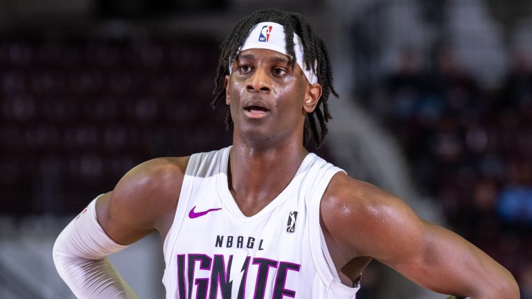 Leonard Miller #11 of the G League Ignite prepares to shoot a free throw during an NBA G League game against the Raptors 905 at the Paramount Fine Foods Centre on March 6, 2023 in Mississauga, Ontario. (Christian Bonin/NBAE via Getty Images)