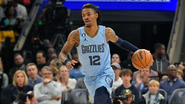 Memphis Grizzlies guard Ja Morant (12) handles the ball during the first half of Game 5 in a first-round NBA basketball playoff series against the Los Angeles Lakers Wednesday, April 26, 2023, in Memphis, Tenn. (Brandon Dill/AP)