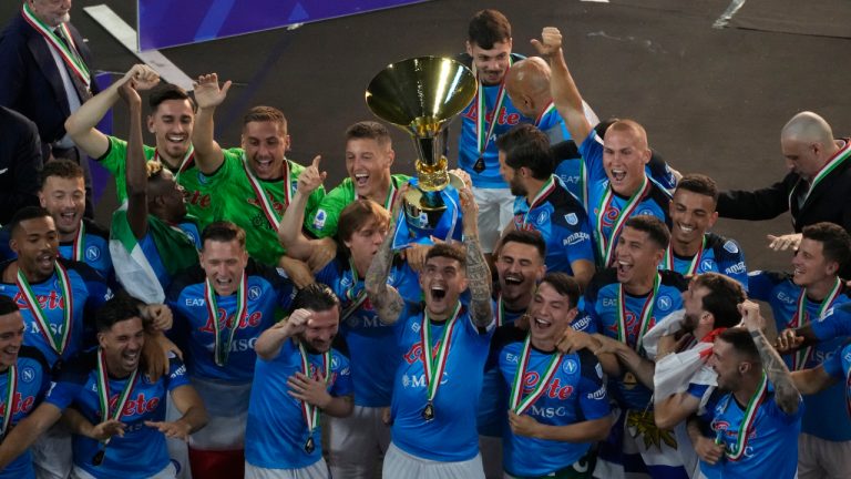 Napoli's players celebrate after winning the Serie A soccer title trophy at the Diego Maradona Stadium, in Naples, Sunday, June 4, 2023. (Andrew Medichini/AP)