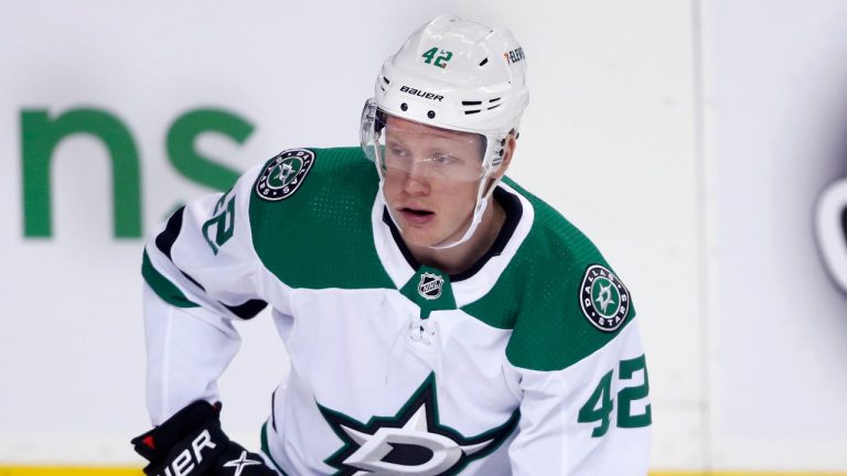 NHL profile photo on Dallas Stars player Fredrik Olofsson, from Sweden, at a game against the Calgary Flames in Calgary, Alta., on March 18, 2023. (Larry MacDougal/THE CANADIAN PRESS IMAGES)