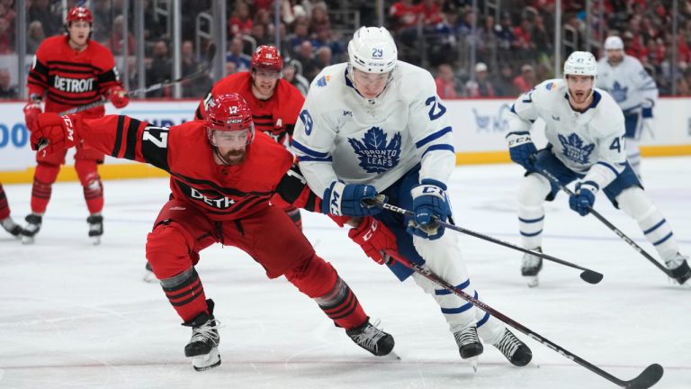 Detroit Red Wings defenseman Filip Hronek (17) defends Toronto Maple Leafs right wing Pontus Holmberg (29) in the third period of an NHL hockey game Monday, Nov. 28, 2022, in Detroit. (Paul Sancya/AP)