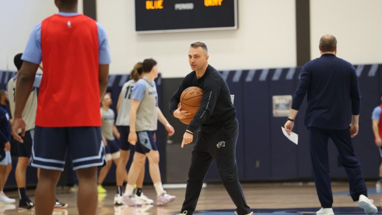 Darko Rajakovic of the Memphis Grizzlies coaches during an all access team practice on February 27, 2023 at FedExForum in Memphis, Tennessee. (Joe Murphy/NBAE via Getty Images)