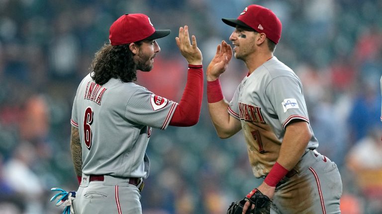 Cincinnati Reds' Jonathan India (6) and Spencer Steer (7) celebrate after a baseball game against the Houston Astros Saturday, June 17, 2023, in Houston. The Reds won 10-3. (David J. Phillip/AP)