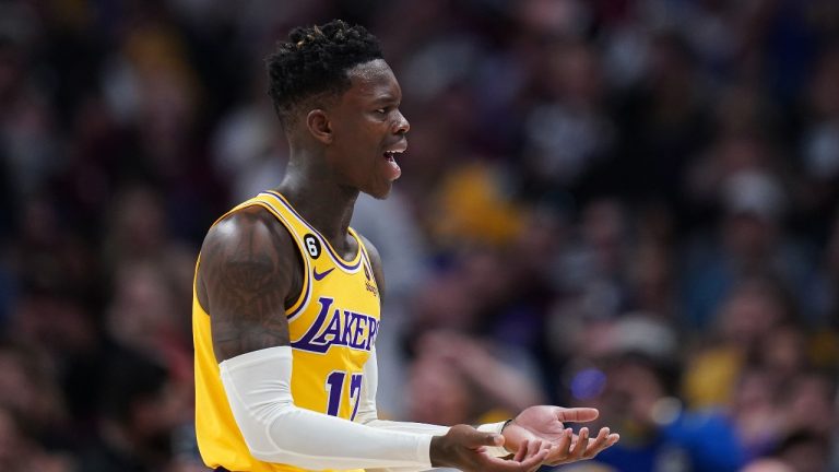 Los Angeles Lakers guard Dennis Schroder looks for a call during the second half of Game 1 of the NBA basketball Western Conference Finals series against the Denver Nuggets, Tuesday, May 16, 2023, in Denver. The Nuggets defeated the Lakers 132-126. (Jack Dempsey/AP Photo)