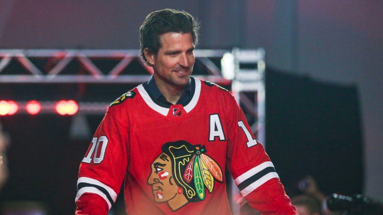 Former Chicago Blackhawks' Patrick Sharp is introduced to fans during the NHL hockey team's convention in Chicago, Friday, July 26, 2019. (Amr Alfiky/AP)