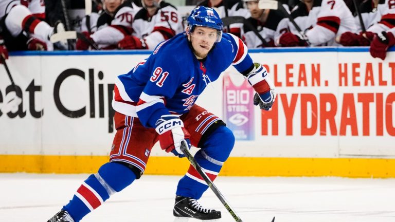 New York Rangers' Vladimir Tarasenko (91) looks to pass during the second period of Game 4 of an NHL hockey Stanley Cup first-round playoff series against the New Jersey Devils Monday, April 24, 2023, in New York. (Frank Franklin II/AP Photo)