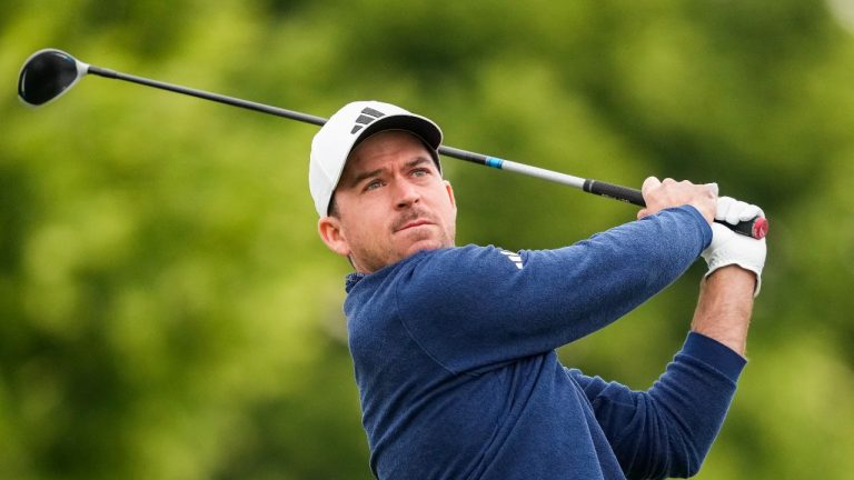 Canadian Nick Taylor tees off on the 10th hole during the first round of the 2023 Canadian Open. (Photo by Andrew Lahodynskyj/CP)